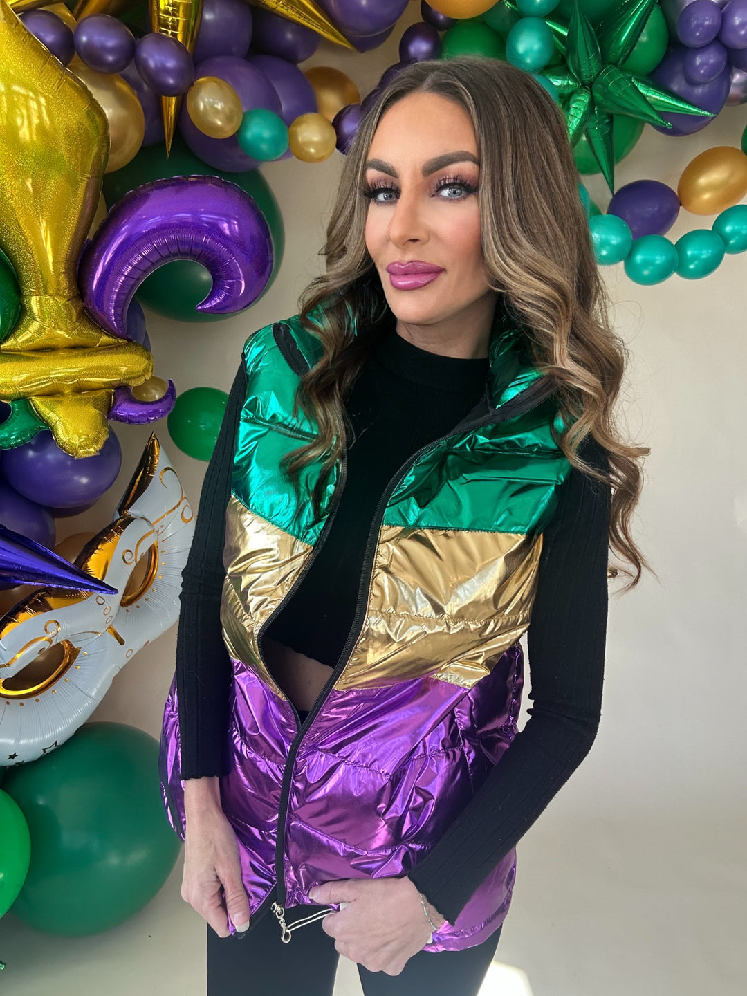 Mardi Gras Color Block Puffer Vest Preorder-Jackets-Wona Trading-Shop with Bloom West Boutique, Women's Fashion Boutique, Located in Houma, Louisiana