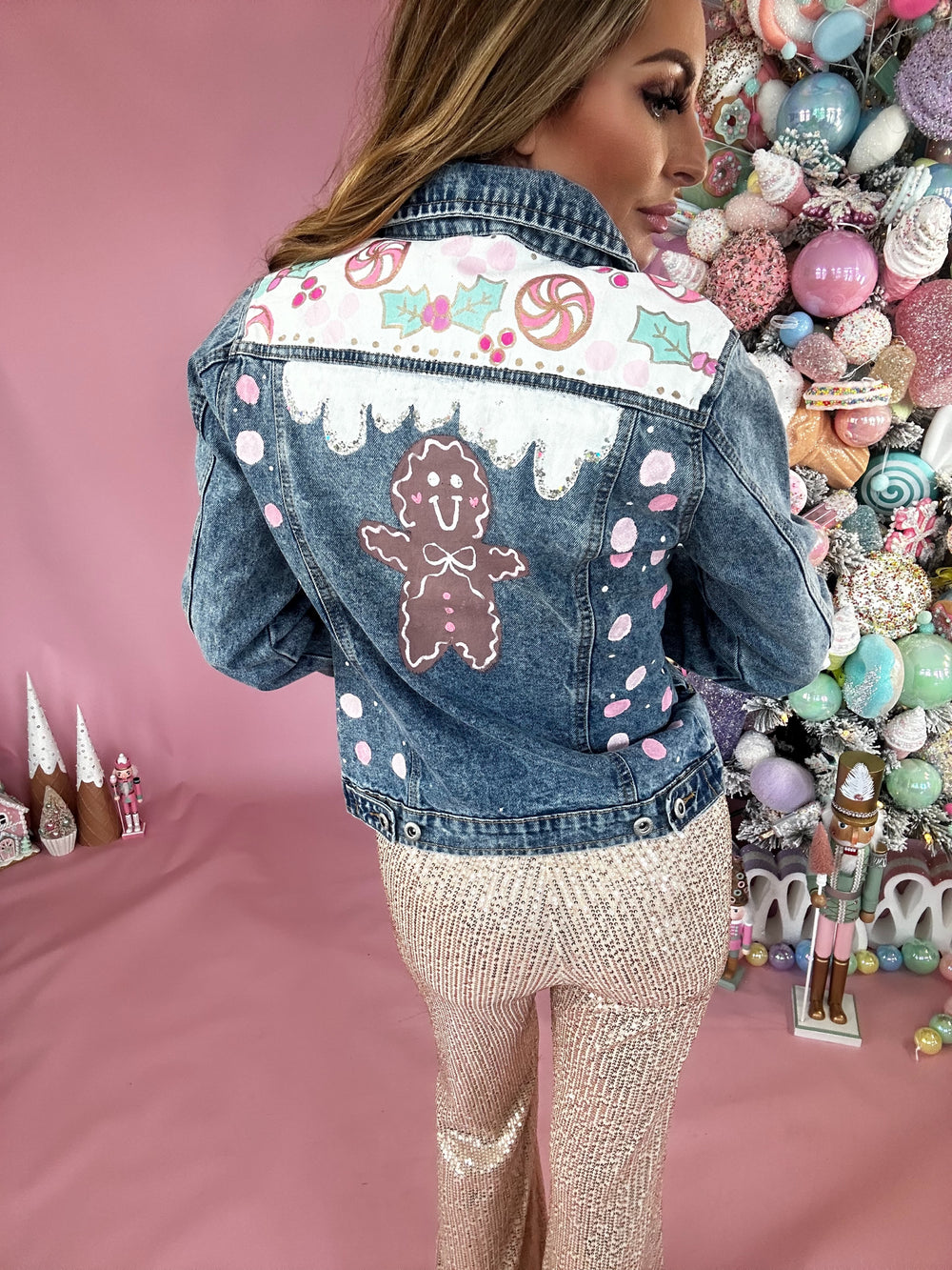 Women's Gingerbread Hand Custom Painted Denim Jacket Long Sleeve Top-Jackets-Hidden Brand-Shop with Bloom West Boutique, Women's Fashion Boutique, Located in Houma, Louisiana