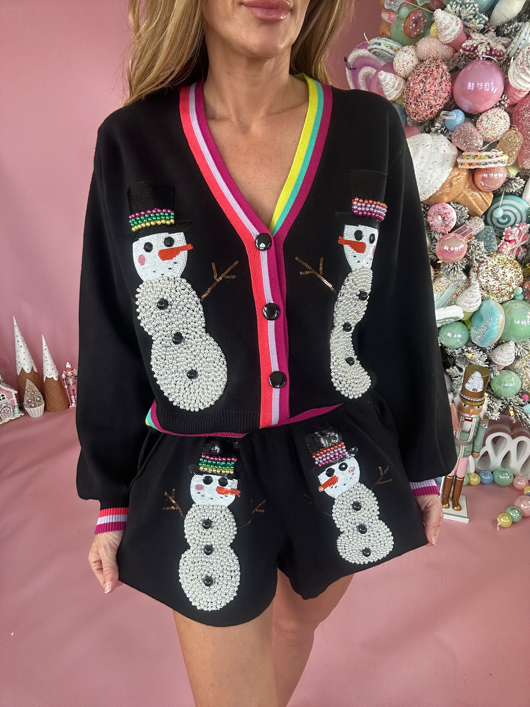 Queen Of Sparkles Black Pearl Snowman Knit Shorts-QOS Bottoms-Queen Of Sparkles-Shop with Bloom West Boutique, Women's Fashion Boutique, Located in Houma, Louisiana