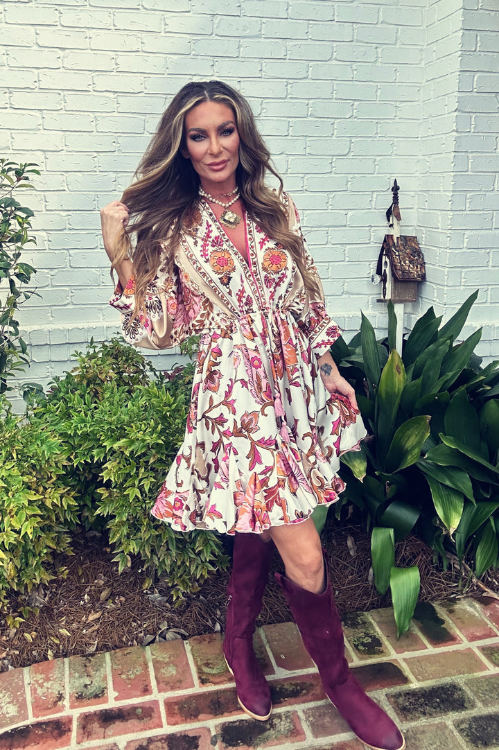 Blithe Dolman Sleeve Border Printed Dress-Mini Dresses-Aakaa-Shop with Bloom West Boutique, Women's Fashion Boutique, Located in Houma, Louisiana