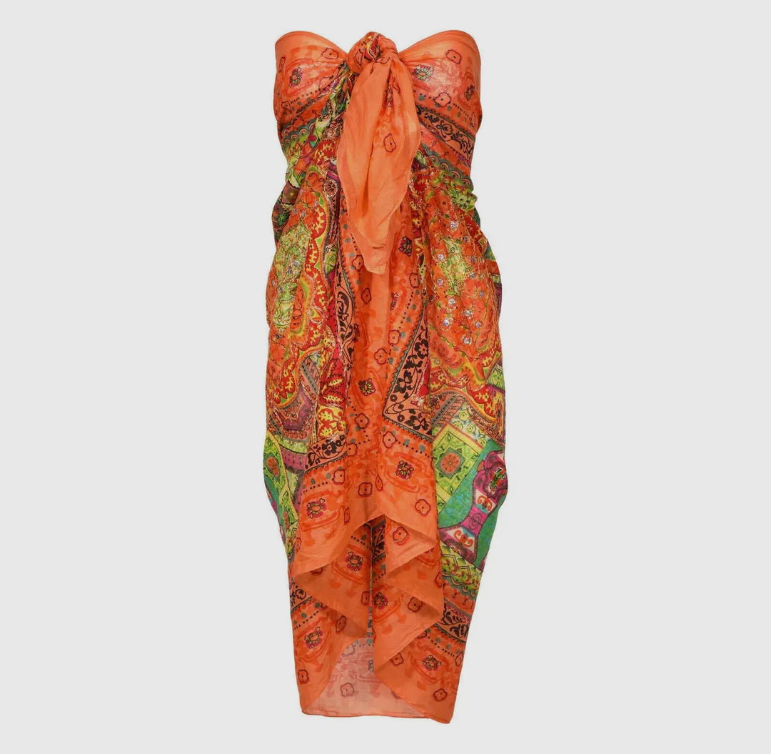 Orange Metallic Embroidered Cotton Sarong-Cover Ups-Dalfiya-Shop with Bloom West Boutique, Women's Fashion Boutique, Located in Houma, Louisiana
