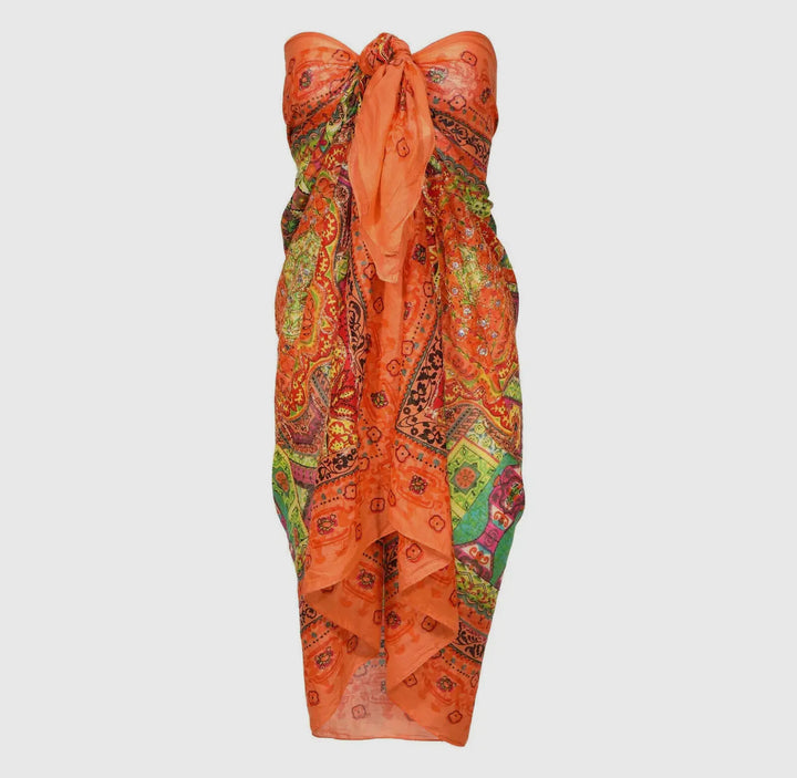 Orange Metallic Embroidered Cotton Sarong-Cover Ups-Dalfiya-Shop with Bloom West Boutique, Women's Fashion Boutique, Located in Houma, Louisiana