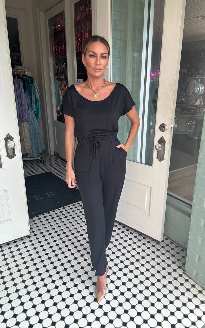 Hilary Two-Way Shoulder Drawstring Jumpsuit-Jumpsuits-Capella Apparel-Shop with Bloom West Boutique, Women's Fashion Boutique, Located in Houma, Louisiana