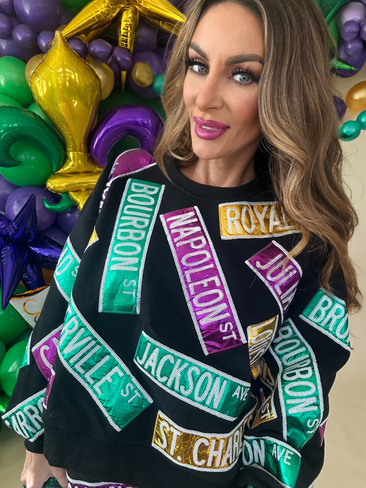 Queen of Sparkles Black Metallic Nola Street Signs Mardi Sweatshirt-QOS Tops-Queen Of Sparkles-Shop with Bloom West Boutique, Women's Fashion Boutique, Located in Houma, Louisiana