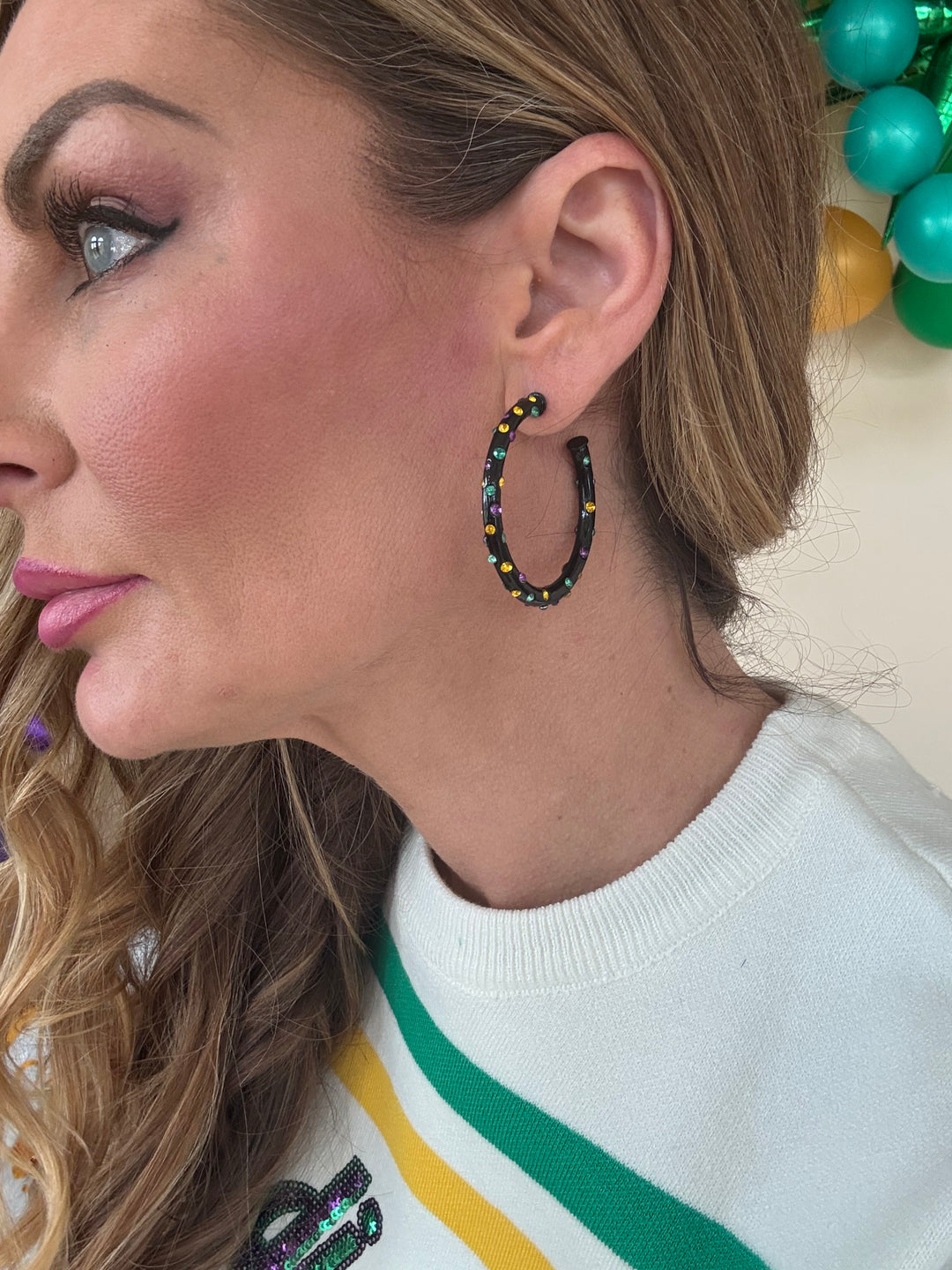 Mardi Gras Colored Stone Hoop Earrings Large-Earrings-fashion city-Shop with Bloom West Boutique, Women's Fashion Boutique, Located in Houma, Louisiana