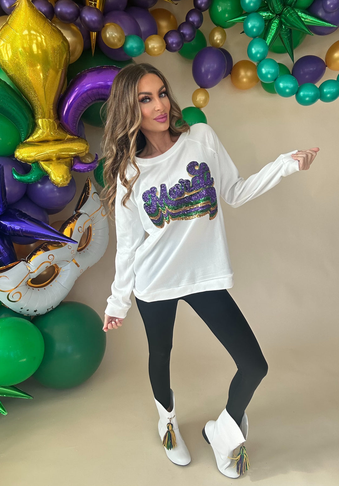 Layered Mardi Sequin Lettering Pullover-Graphic Sweaters-Bibi-Shop with Bloom West Boutique, Women's Fashion Boutique, Located in Houma, Louisiana