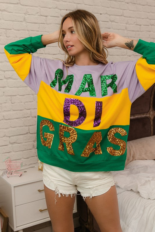 Rex Sequin Mardi Gras Lettering Color Block Sweatshirt-Sweaters-Bibi-Shop with Bloom West Boutique, Women's Fashion Boutique, Located in Houma, Louisiana