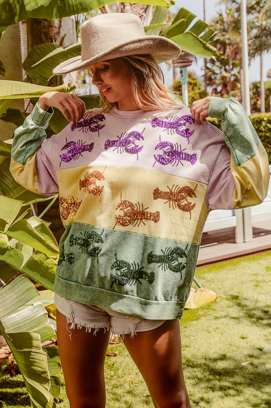 Cleopatra Sequin Crawfish washed Mardi Gras Sweatshirt-Sweaters-Bibi-Shop with Bloom West Boutique, Women's Fashion Boutique, Located in Houma, Louisiana