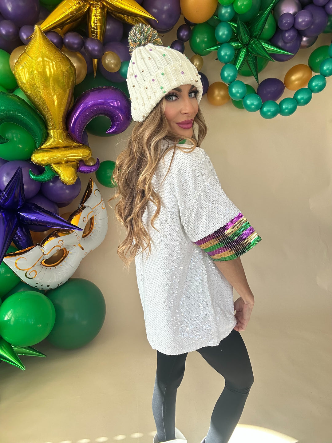 Mardi Gras Mambo Sequin V-Neck Top-Graphic Tees-Bibi-Shop with Bloom West Boutique, Women's Fashion Boutique, Located in Houma, Louisiana