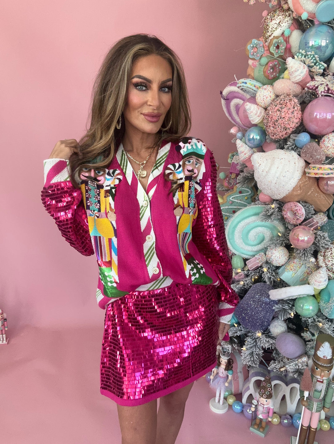 Queen Of Sparkles Hot Pink Peppermint Nutcracker Shard Sequin Sleeve Cardigan-Cardigans-Queen Of Sparkles-Shop with Bloom West Boutique, Women's Fashion Boutique, Located in Houma, Louisiana