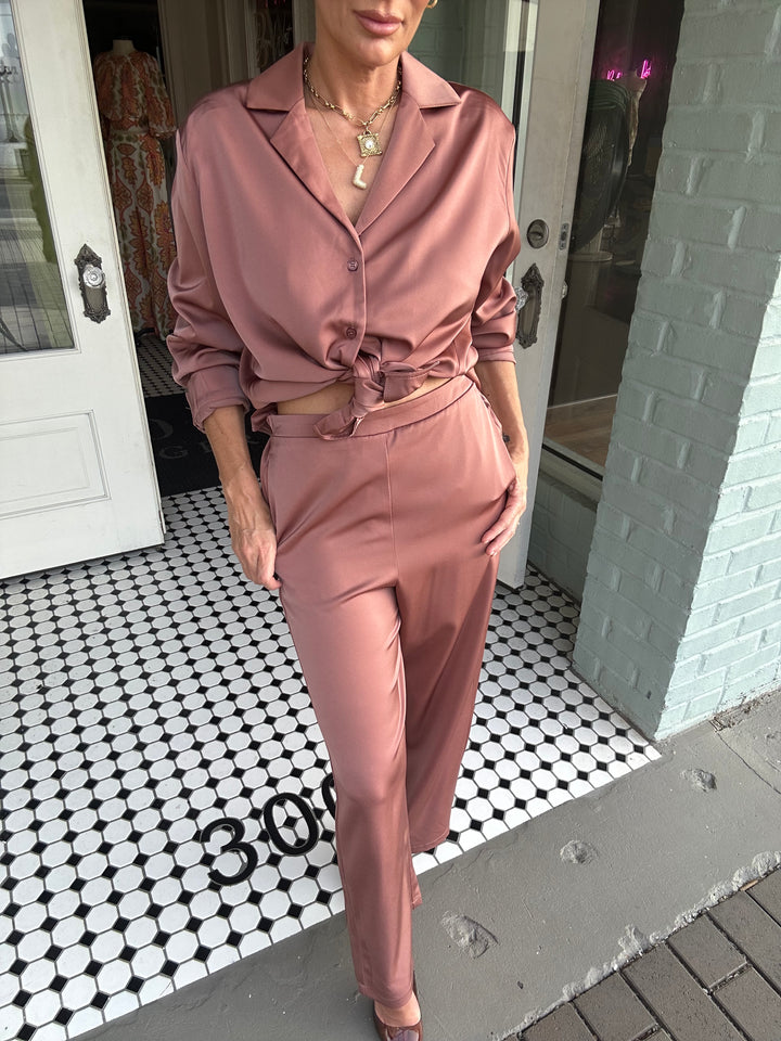 Archer Satin Button Down and Pants Set-Outfits-dress forum-Shop with Bloom West Boutique, Women's Fashion Boutique, Located in Houma, Louisiana