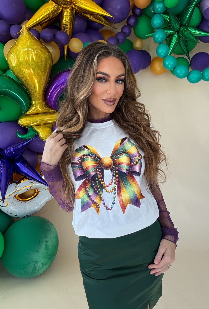 Mardi Gras Glitter Bow with Beads Tee-Graphic Tees-The Wild Navy-Shop with Bloom West Boutique, Women's Fashion Boutique, Located in Houma, Louisiana