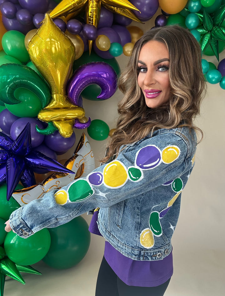 Throw Me Something Mister Mardi Gras Jacket-Jackets-Bloom West Boutique Custom-Shop with Bloom West Boutique, Women's Fashion Boutique, Located in Houma, Louisiana