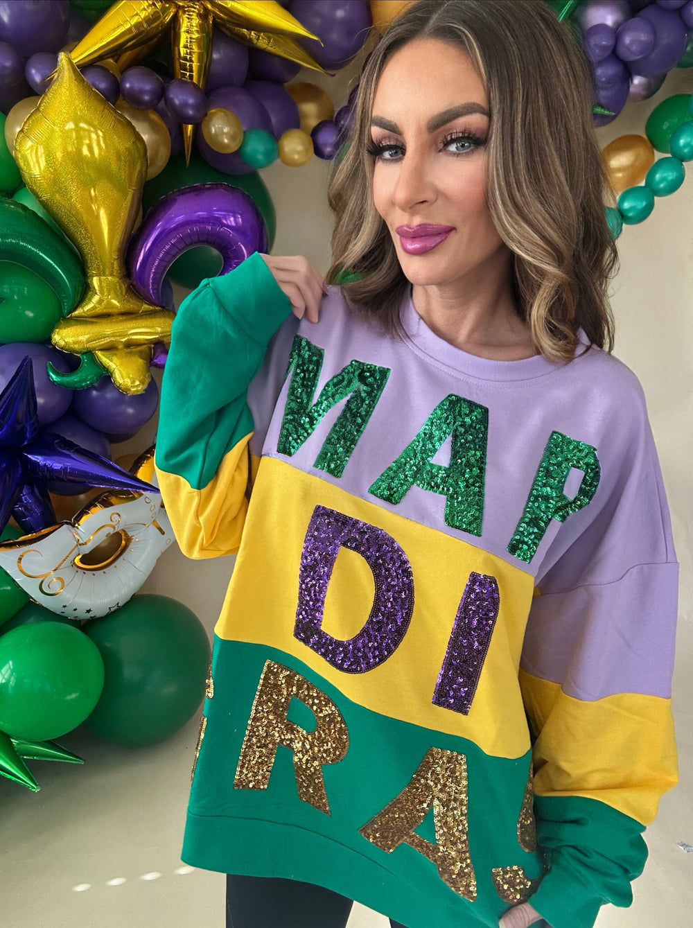 Rex Sequin Mardi Gras Lettering Color Block Sweatshirt-Graphic Sweaters-Bibi-Shop with Bloom West Boutique, Women's Fashion Boutique, Located in Houma, Louisiana