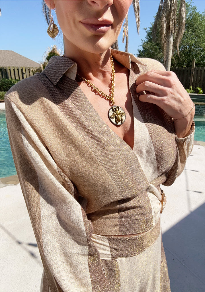 Vintage Havana Cocoa Stripe Woven Metallic Set-Two Piece Set-Vintage Havana-Shop with Bloom West Boutique, Women's Fashion Boutique, Located in Houma, Louisiana