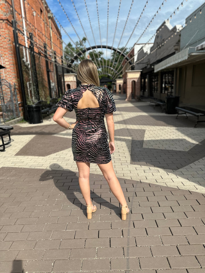 Savannah Sequin Tiger Print Dress-Semi Formal Dresses-Fate By LFD-Shop with Bloom West Boutique, Women's Fashion Boutique, Located in Houma, Louisiana