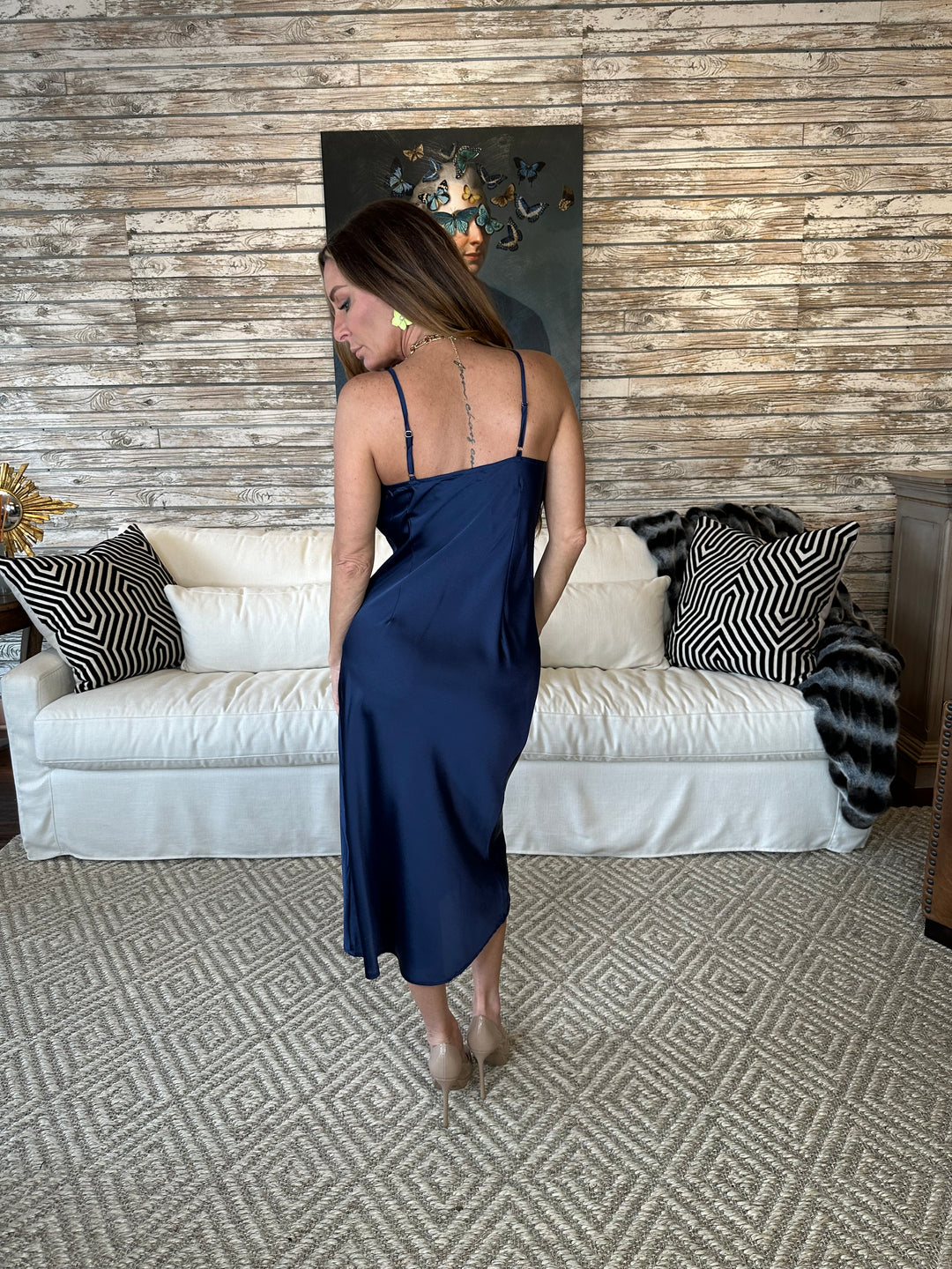 Polly Lace Trim V-Neck Satin Midi Slip Dress-Dresses-Hem & Thread-Shop with Bloom West Boutique, Women's Fashion Boutique, Located in Houma, Louisiana