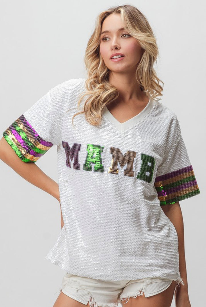 Mardi Gras Mambo Sequin V-Neck Top-Graphic Tees-Bibi-Shop with Bloom West Boutique, Women's Fashion Boutique, Located in Houma, Louisiana