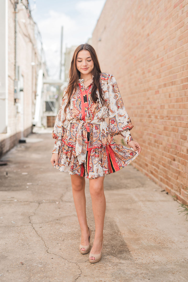 Samara Scarf Print Button Front Dress Cream/Coral-Dresses-Fate By LFD-Shop with Bloom West Boutique, Women's Fashion Boutique, Located in Houma, Louisiana