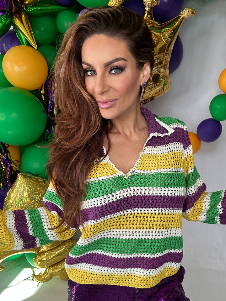 Mardi Gras Open Collar Striped Sweater Top-Tops-LovLov-Shop with Bloom West Boutique, Women's Fashion Boutique, Located in Houma, Louisiana