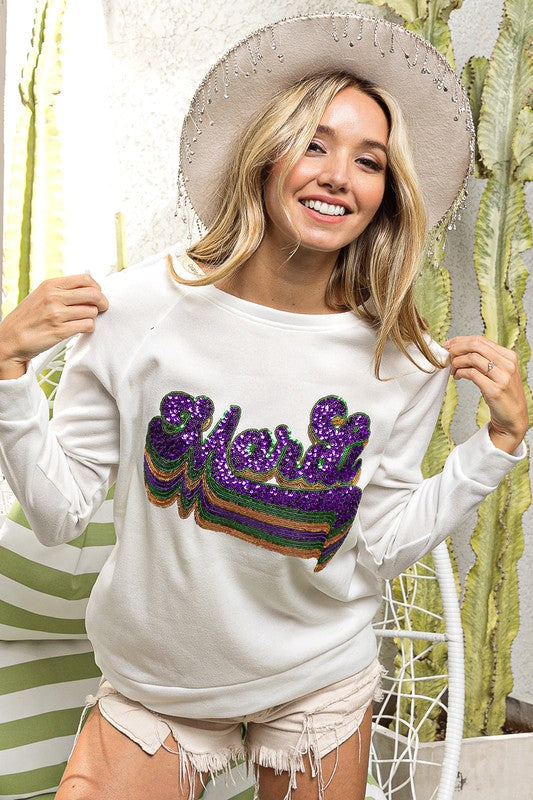 Layered Mardi Sequin Lettering Pullover-Graphic Sweaters-Bibi-Shop with Bloom West Boutique, Women's Fashion Boutique, Located in Houma, Louisiana