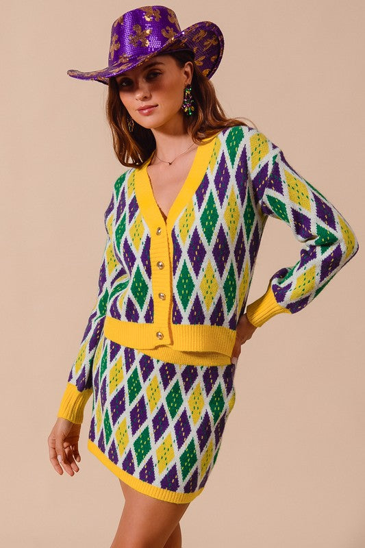 Mardi Gras Diamond Pattern Cardigan-Cardigans-So Me-Shop with Bloom West Boutique, Women's Fashion Boutique, Located in Houma, Louisiana