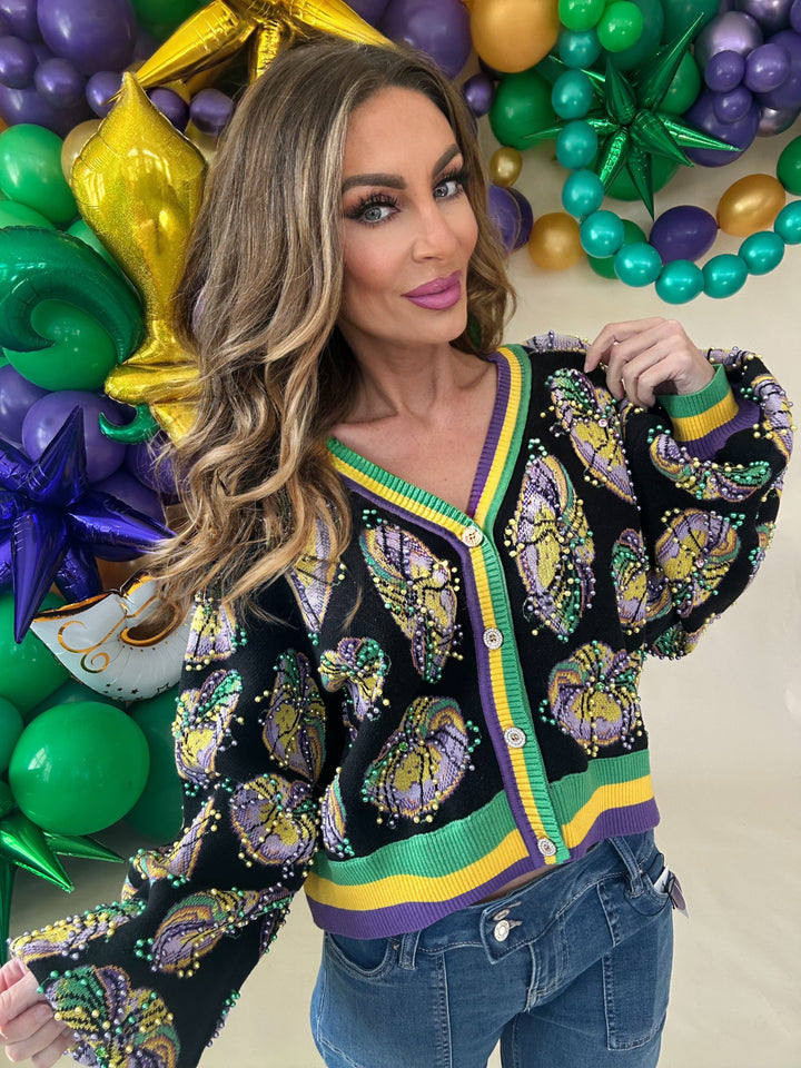 Queen of Sparkles Black Pearl King Cake Mardi Cardigan-QOS Tops-Queen Of Sparkles-Shop with Bloom West Boutique, Women's Fashion Boutique, Located in Houma, Louisiana