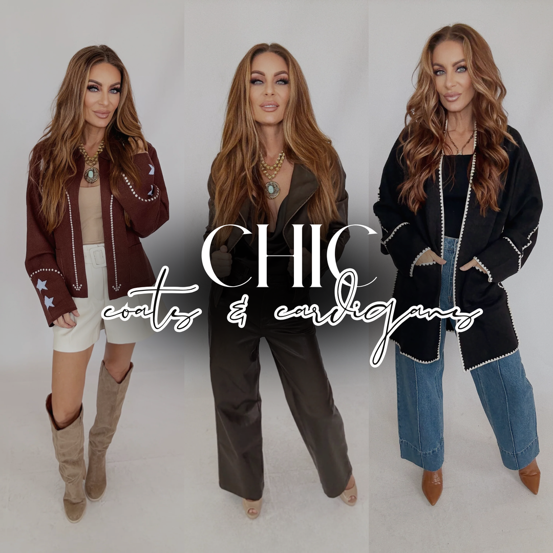 Three women modeling stylish outfits with text 'Chic coats & cardigans' on a plain background | Bloom West Boutique | Houma, LA