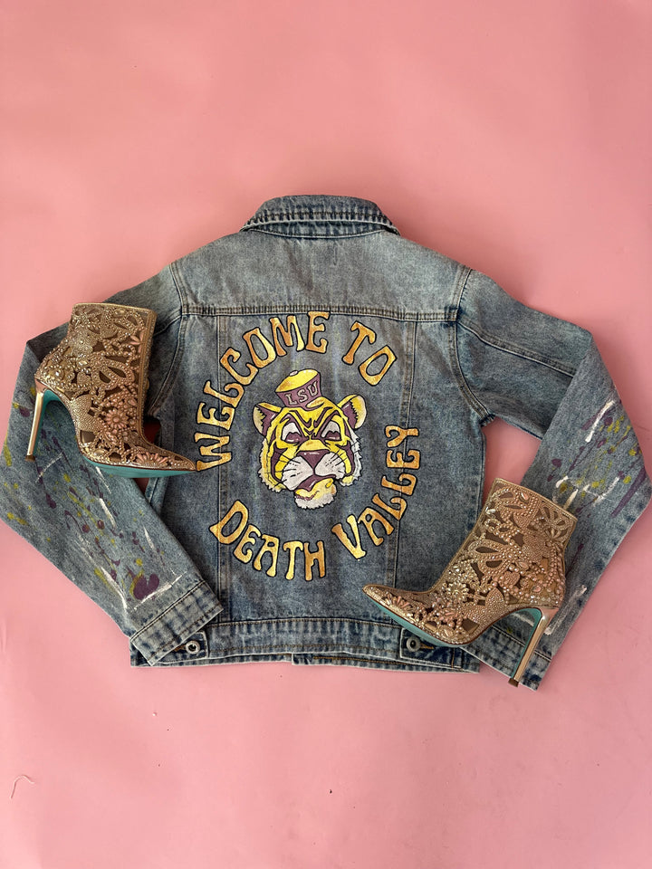 Vintage Tiger Purple and Gold Hand Painted Demin Jacket-Jackets-Bloom West Boutique-Shop with Bloom West Boutique, Women's Fashion Boutique, Located in Houma, Louisiana