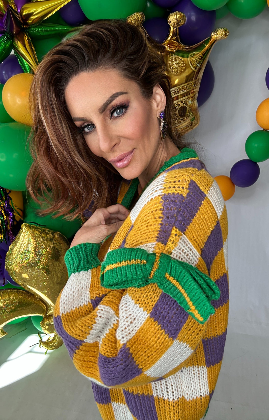 Mardi Gras Checker Board Front Open Cardigan-Cardigans-Bibi-Shop with Bloom West Boutique, Women's Fashion Boutique, Located in Houma, Louisiana