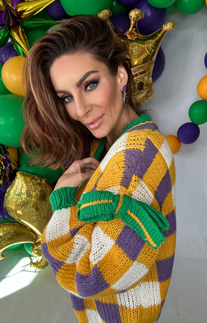 Mardi Gras Checker Board Front Open Cardigan-Cardigans-Bibi-Shop with Bloom West Boutique, Women's Fashion Boutique, Located in Houma, Louisiana