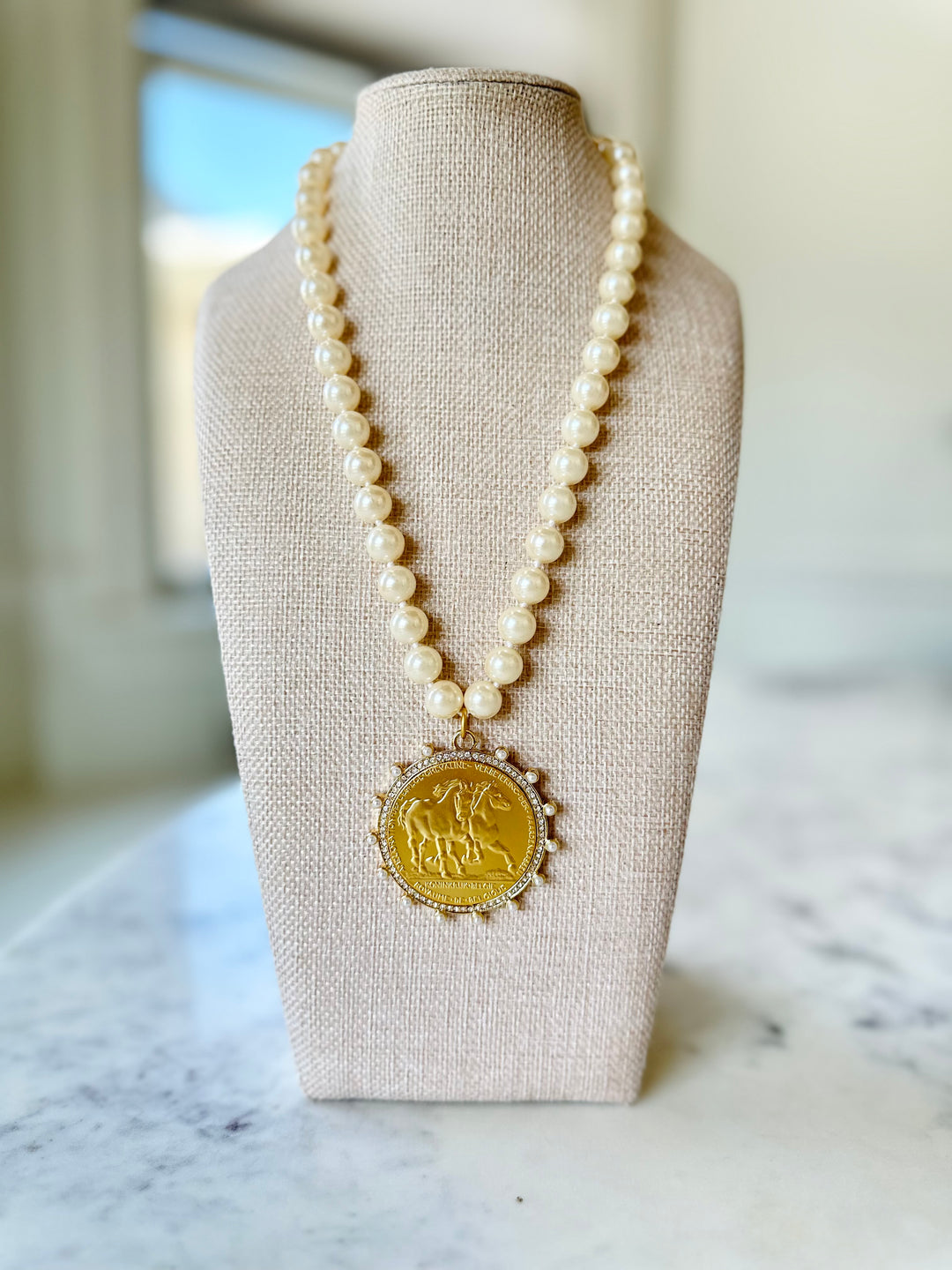 Vintage Pearls With Gold Horse Coin Pendant-Necklaces-Erin Knight Designs-Shop with Bloom West Boutique, Women's Fashion Boutique, Located in Houma, Louisiana