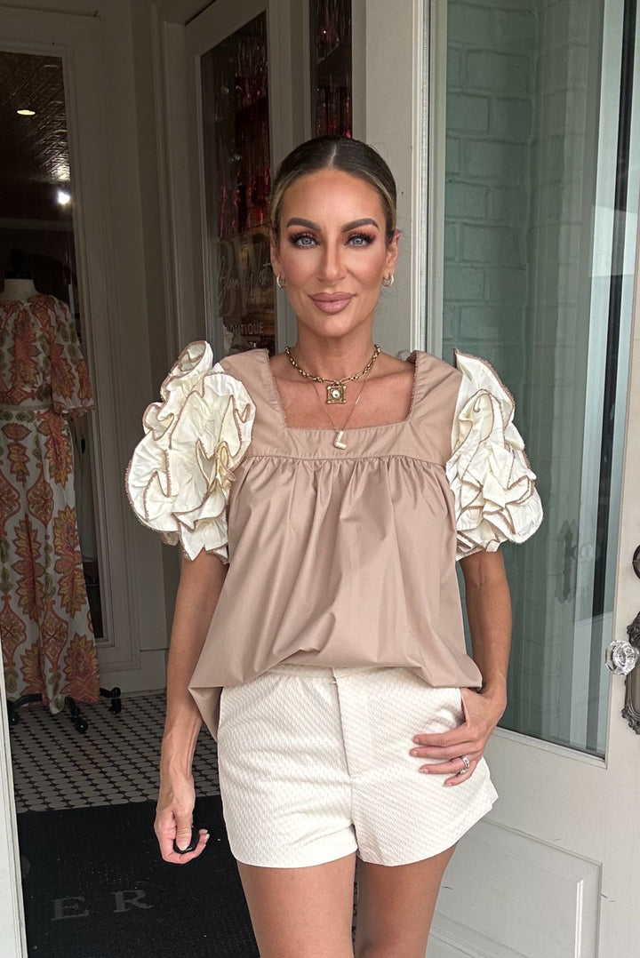 Embur Bouse With White Ruffled Sleeves-Short Sleeves-Entro-Shop with Bloom West Boutique, Women's Fashion Boutique, Located in Houma, Louisiana