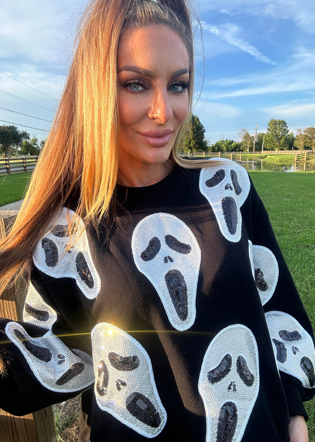 Queen of Sparkles Black Scream Mask Sweatshirt-Graphic Sweaters-Queen Of Sparkles-Shop with Bloom West Boutique, Women's Fashion Boutique, Located in Houma, Louisiana