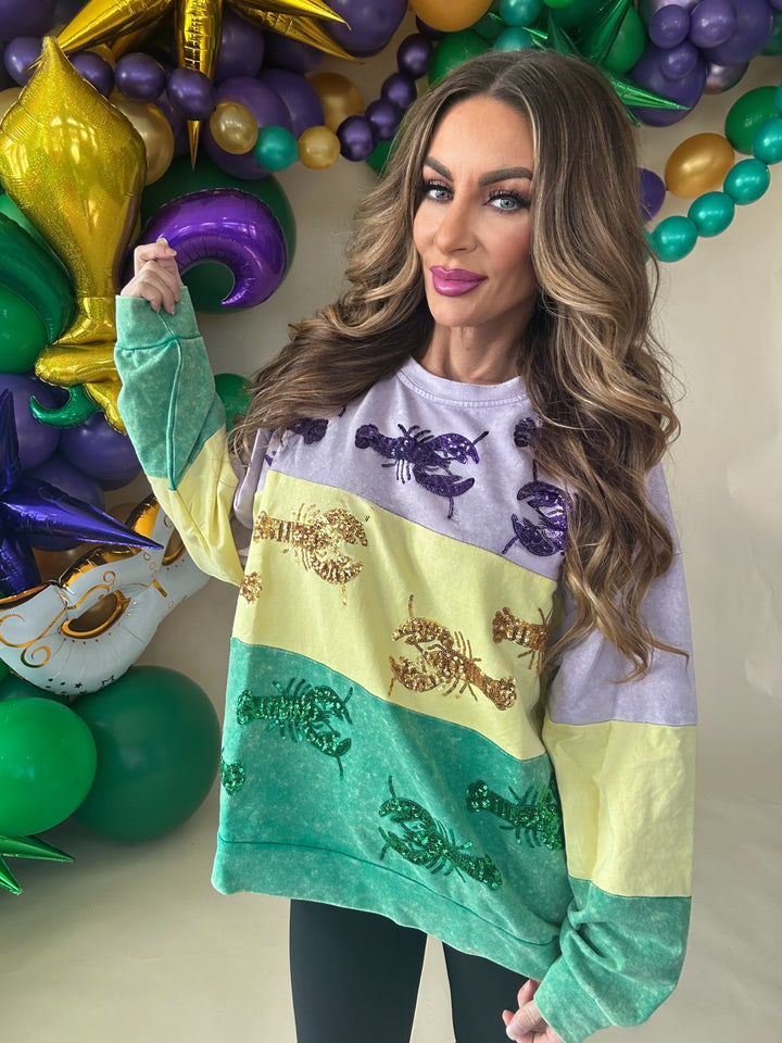 Cleopatra Sequin Crawfish washed Mardi Gras Sweatshirt-Graphic Sweaters-Bibi-Shop with Bloom West Boutique, Women's Fashion Boutique, Located in Houma, Louisiana