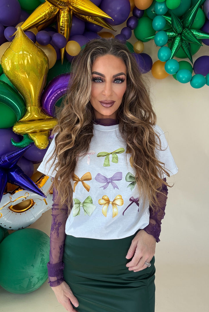 Mardi Gras Multi Bow Tee-Graphic Tees-The Wild Navy-Shop with Bloom West Boutique, Women's Fashion Boutique, Located in Houma, Louisiana