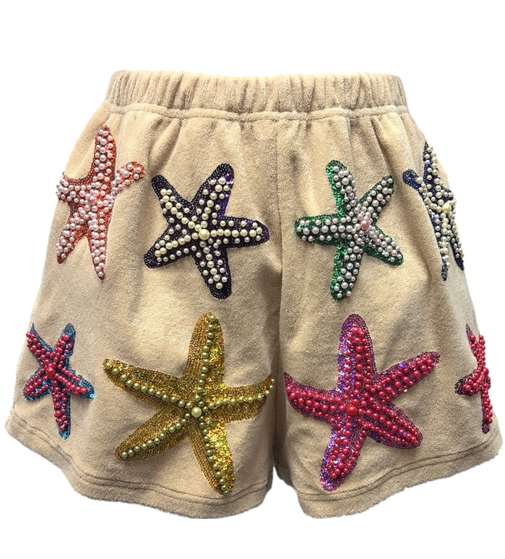 Queen of Sparkles Beige Terry Cloth Starfish Shorts-Shorts-Queen Of Sparkles-Shop with Bloom West Boutique, Women's Fashion Boutique, Located in Houma, Louisiana
