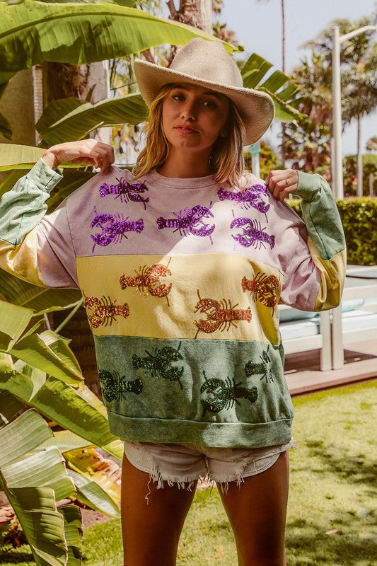 Cleopatra Sequin Crawfish washed Mardi Gras Sweatshirt-Sweaters-Bibi-Shop with Bloom West Boutique, Women's Fashion Boutique, Located in Houma, Louisiana