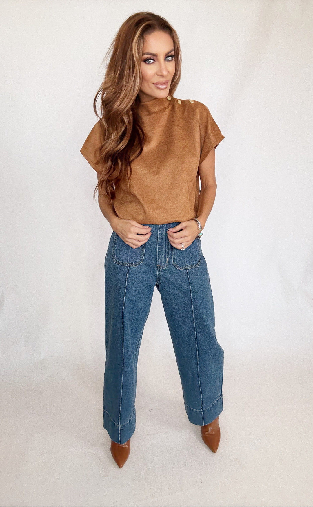 THML Short Sleeve Suede Top-Tops-THML-Shop with Bloom West Boutique, Women's Fashion Boutique, Located in Houma, Louisiana