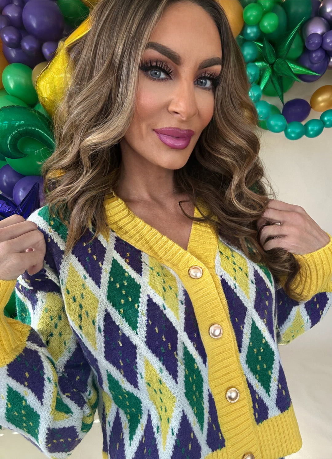 Mardi Gras Diamond Pattern Cardigan and Skirt Set-Cardigans-So Me-Shop with Bloom West Boutique, Women's Fashion Boutique, Located in Houma, Louisiana