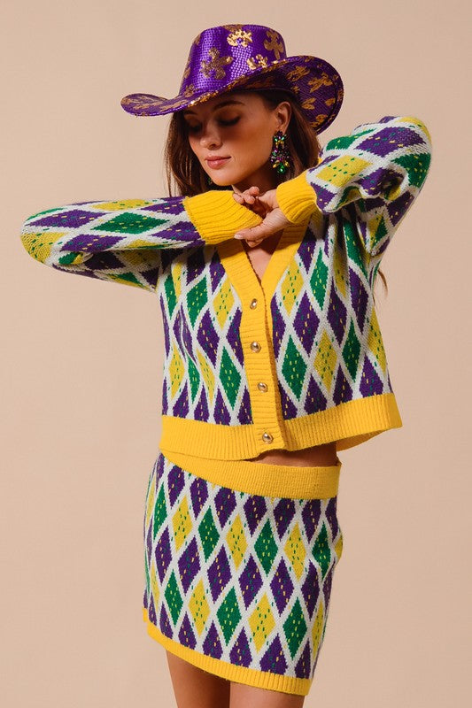 Mardi Gras Diamond Pattern Cardigan-Cardigans-So Me-Shop with Bloom West Boutique, Women's Fashion Boutique, Located in Houma, Louisiana