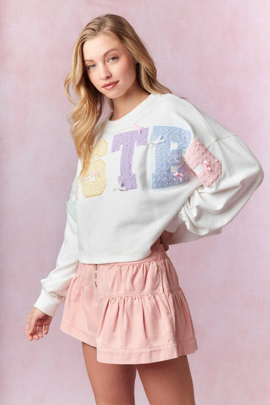 Easter Tweed Embroidery Sweatshirt-Sweaters-Peach Love-Shop with Bloom West Boutique, Women's Fashion Boutique, Located in Houma, Louisiana