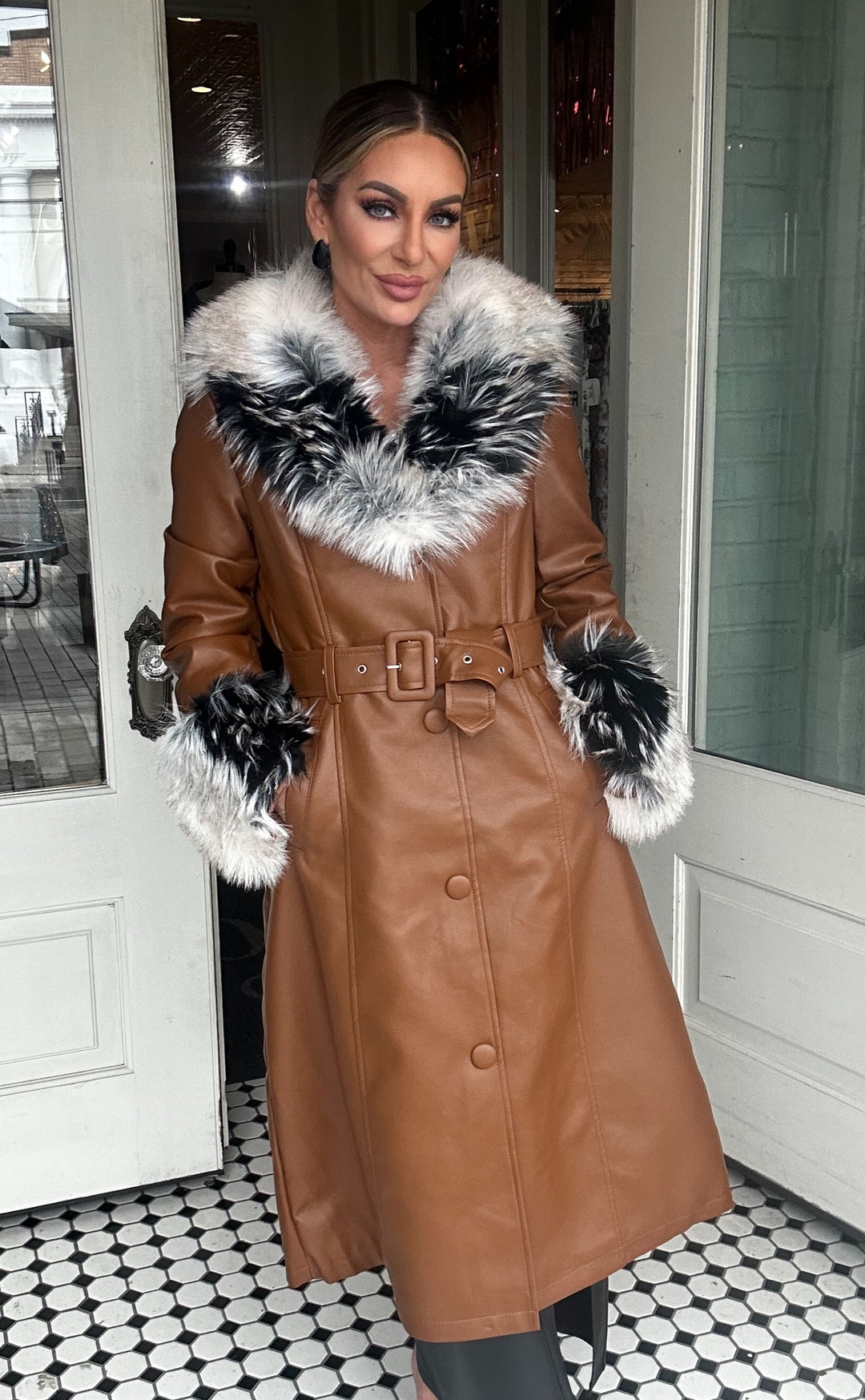 Faux Fur Trim Trench Coat With Leather Trim Black Faux Fur Trim