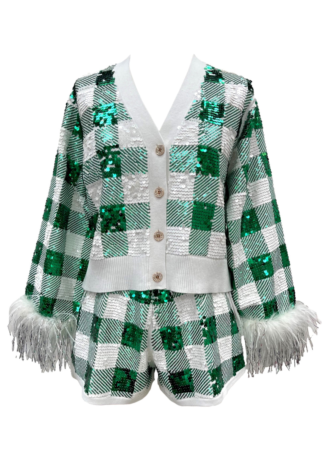 Queen Of Sparkles Buffalo Plaid Sequin W/Feather Sleeve Cardigan-Cardigans-Queen Of Sparkles-Shop with Bloom West Boutique, Women's Fashion Boutique, Located in Houma, Louisiana