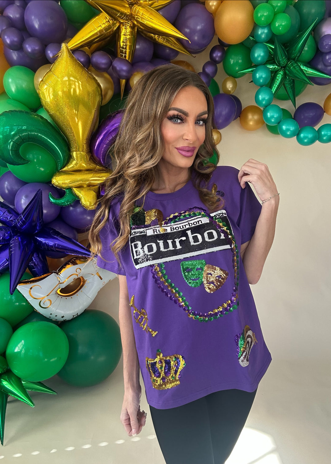 Bourbon Mardi Gras Purple Sequin Design Top-Graphic Tees-Bomb Designs-Shop with Bloom West Boutique, Women's Fashion Boutique, Located in Houma, Louisiana