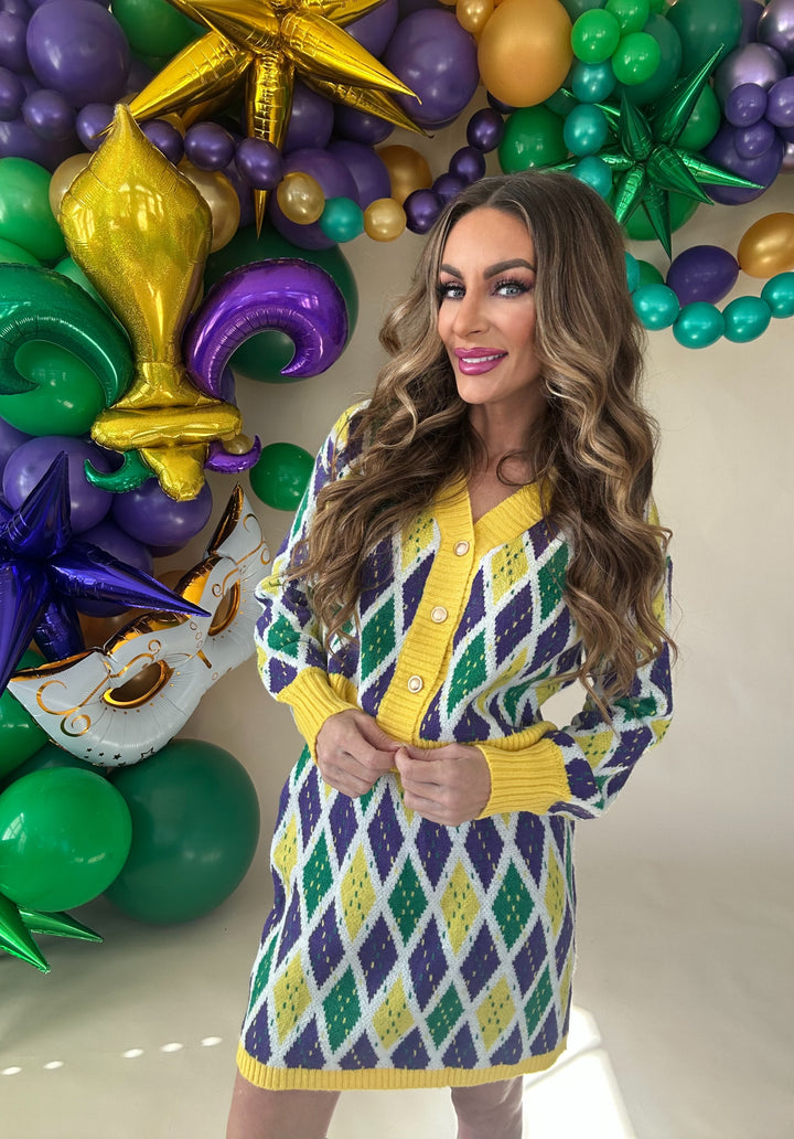 Mardi Gras Diamond Pattern Cardigan and Skirt Set-Cardigans-So Me-Shop with Bloom West Boutique, Women's Fashion Boutique, Located in Houma, Louisiana