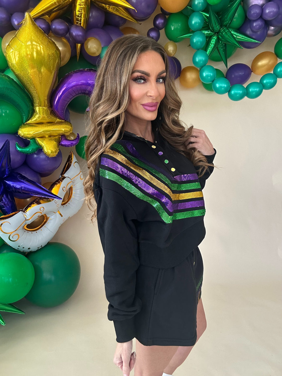 Queen Of Sparkles Black Mardi Gras Diagonal Henley Sweatshirt-QOS Tops-Queen Of Sparkles-Shop with Bloom West Boutique, Women's Fashion Boutique, Located in Houma, Louisiana