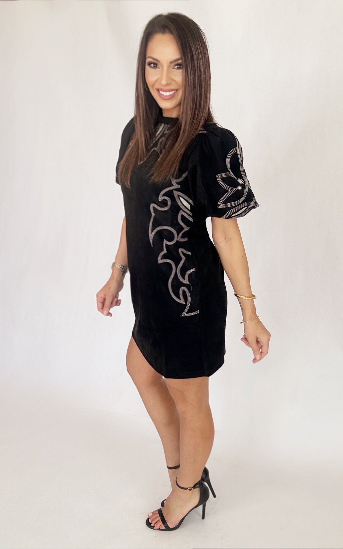 THML Puff Sleeve Embroidery Detail Suede Dress