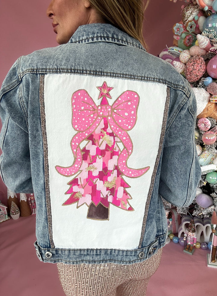 Women's Christmas Tree Hand Custom Painted Denim Jacket-Jackets-Hidden Brand-Shop with Bloom West Boutique, Women's Fashion Boutique, Located in Houma, Louisiana