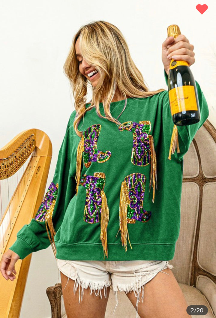 Nemesis Fringed Mardi Gras Boots Sequin Pullover-Graphic Sweaters-Bibi-Shop with Bloom West Boutique, Women's Fashion Boutique, Located in Houma, Louisiana